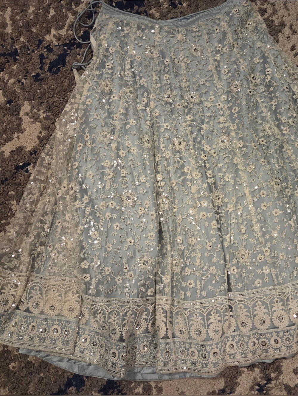 Embroidered Light Blue Wedding Dress with Ivory Lace Detail